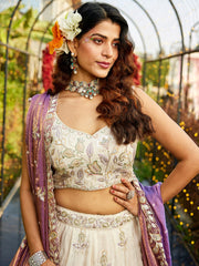 Cream colour tissue Fabric with Sequinse and Thread embroidery Semi-Stitched Lehenga choli and Dupatta