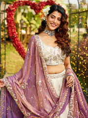 Cream colour tissue Fabric with Sequinse and Thread embroidery Semi-Stitched Lehenga choli and Dupatta