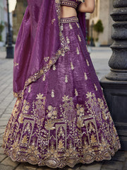 Burgundy Tissue Handwork cutdana embroidery Semi-Stitched Lehenga choli and Dupatta