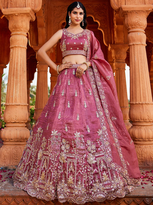 Pink Tissue Handwork cutdana embroidery Semi-Stitched Lehenga choli and Dupatta