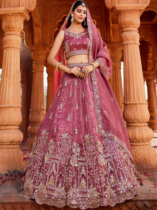 Pink Tissue Handwork cutdana embroidery Semi-Stitched Lehenga choli and Dupatta
