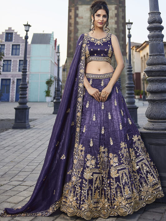 Purple Tissue Handwork cutdana embroidery Semi-Stitched Lehenga choli and Dupatta
