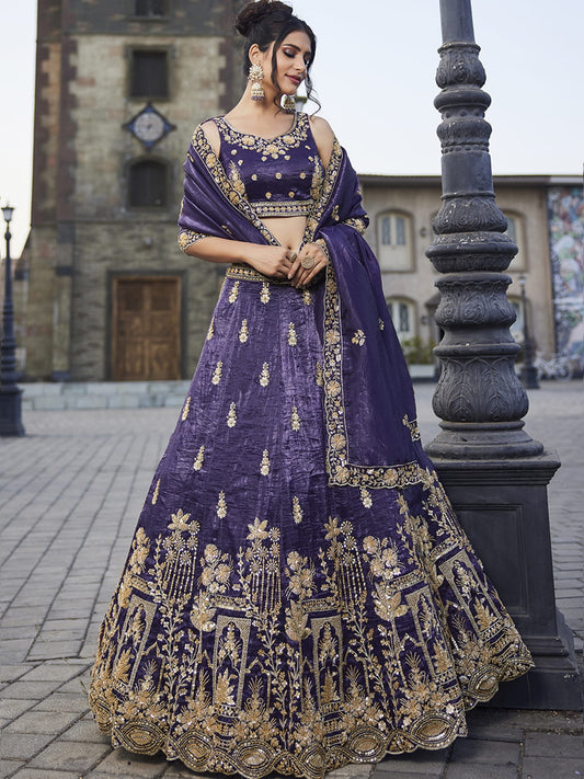 Purple Tissue Handwork cutdana embroidery Semi-Stitched Lehenga choli and Dupatta