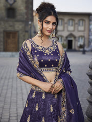 Purple Tissue Handwork cutdana embroidery Semi-Stitched Lehenga choli and Dupatta