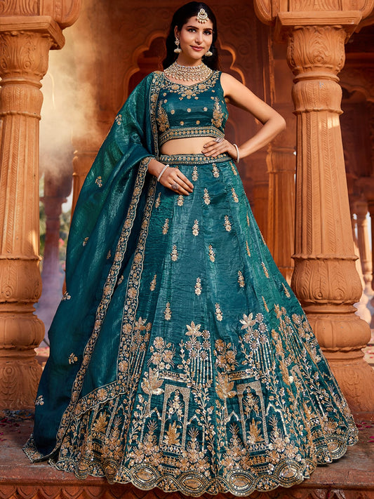 Teal Tissue Handwork cutdana embroidery Semi-Stitched Lehenga choli and Dupatta