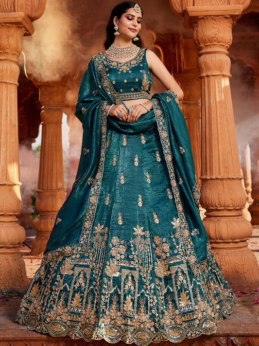Teal Tissue Handwork cutdana embroidery Semi-Stitched Lehenga choli and Dupatta