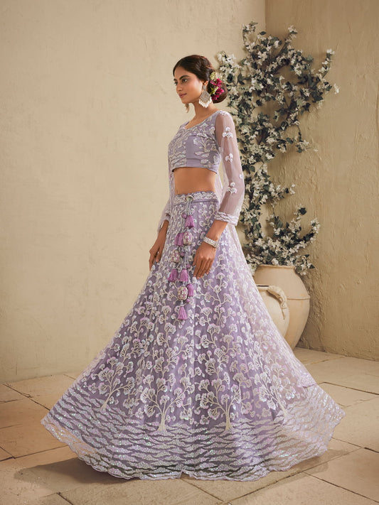 Lavender Color Net Fabric Sequins embroidery Semi-Stitched Lehenga choli & Dupatta