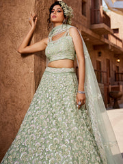 Lime Green Net Sequinse embroidery Semi-Stitched Lehenga choli and Dupatta