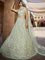 Lime Green Net Sequinse embroidery Semi-Stitched Lehenga choli and Dupatta
