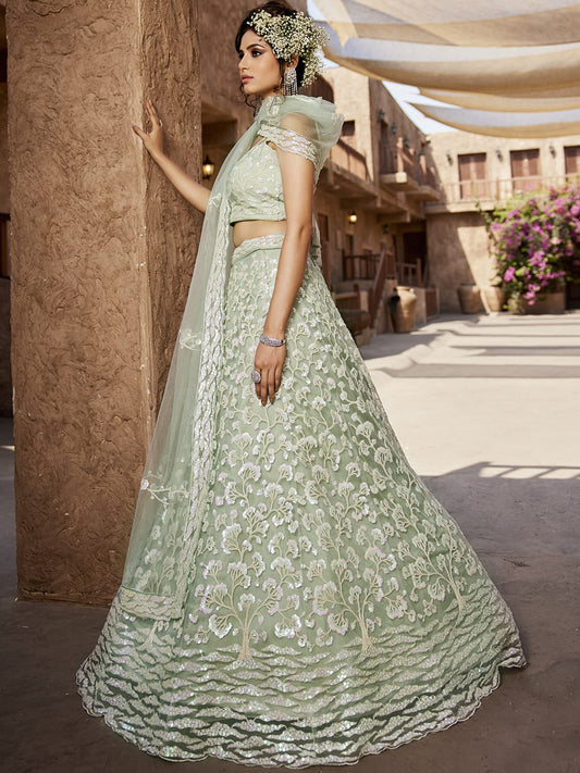 Lime Green Net Sequinse embroidery Semi-Stitched Lehenga choli and Dupatta