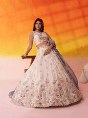 Beige Moti Work Designer Lehenga Choli with Blue Dupatta