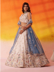 Beige Moti Work Designer Lehenga Choli with Blue Dupatta