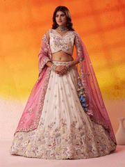 Beige Moti Work Designer Lehenga Choli with Pink Dupatta