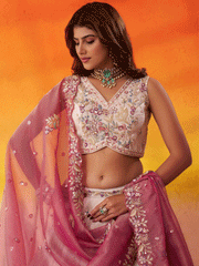Beige Moti Work Designer Lehenga Choli with Pink Dupatta
