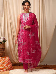 Pink Women Floral Printed Layered Thread Work Kurta with Trousers & With Dupatta