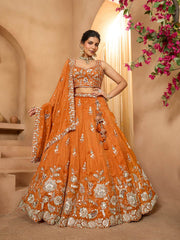 Orange Tissue Fabric Sequinse embroidery Semi Stitched Lehenga and Unstitched Blouse With Dupatta