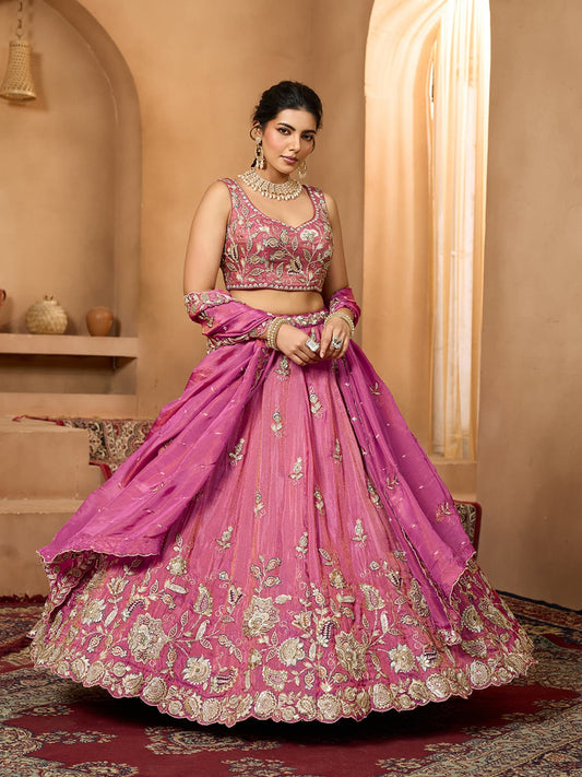 Pink Tissue Fabric Sequinse embroidery Semi-Stitched Lehenga & Unstitched Blouse With Dupatta