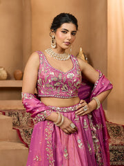 Pink Tissue Fabric Sequinse embroidery Semi-Stitched Lehenga & Unstitched Blouse With Dupatta