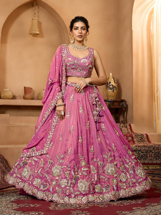 Pink Tissue Fabric Sequinse embroidery Semi-Stitched Lehenga & Unstitched Blouse With Dupatta