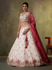 Beige Designer Lehenga Choli with Pink Banarasi Silk Dupatta