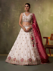 Beige Designer Lehenga Choli with Pink Banarasi Silk Dupatta
