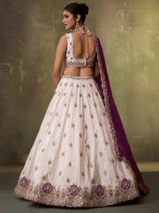 Beige Designer Lehenga Choli with Purple Banarasi Silk Dupatta