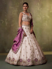 Beige Designer Lehenga Choli with Purple Banarasi Silk Dupatta