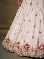 Beige Designer Lehenga Choli with Red Banarasi Silk Dupatta