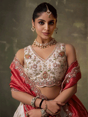 Beige Designer Lehenga Choli with Red Banarasi Silk Dupatta