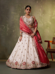 Beige Designer Lehenga Choli with Red Banarasi Silk Dupatta