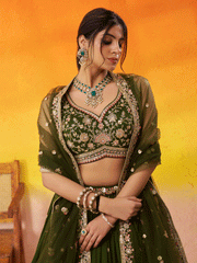 Olive Green Georgette Embroidered Wedding Lehenga Choli