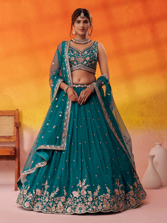 Teal Georgette Embroidered Wedding Lehenga Choli