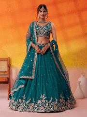Teal Georgette Embroidered Wedding Lehenga Choli