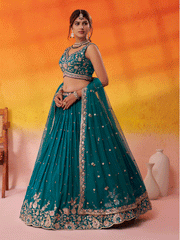 Teal Georgette Embroidered Wedding Lehenga Choli