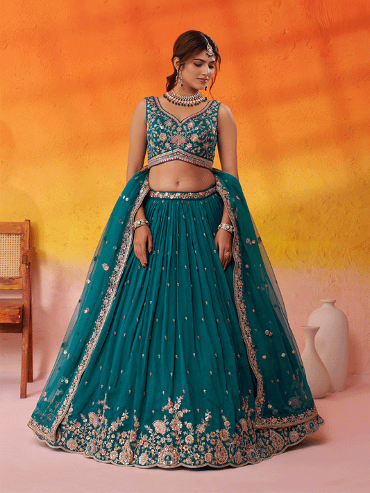Teal Georgette Embroidered Wedding Lehenga Choli