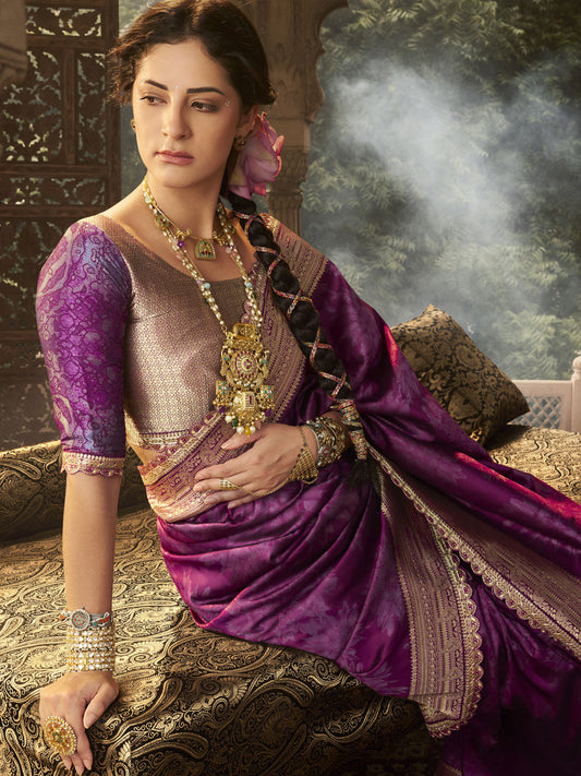 Plum Banarasi Silk Saree with Ornate Zari Border and Designer Blouse
