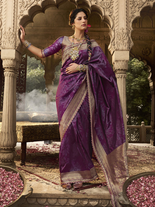 Plum Banarasi Silk Saree with Ornate Zari Border and Designer Blouse