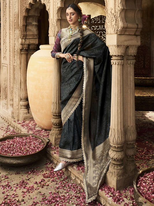 Black Banarasi Silk Saree with Gold Zari Border and Designer Blouse