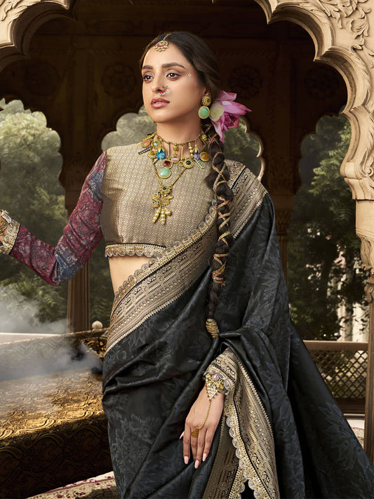 Black Banarasi Silk Saree with Gold Zari Border and Designer Blouse