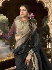 Black Banarasi Silk Saree with Gold Zari Border and Designer Blouse