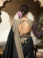 Black Banarasi Silk Saree with Gold Zari Border and Designer Blouse