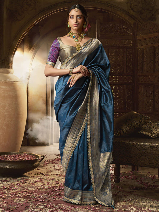 Blue Banarasi Silk Saree with Opulent Zari Detailing and Designer Blouse