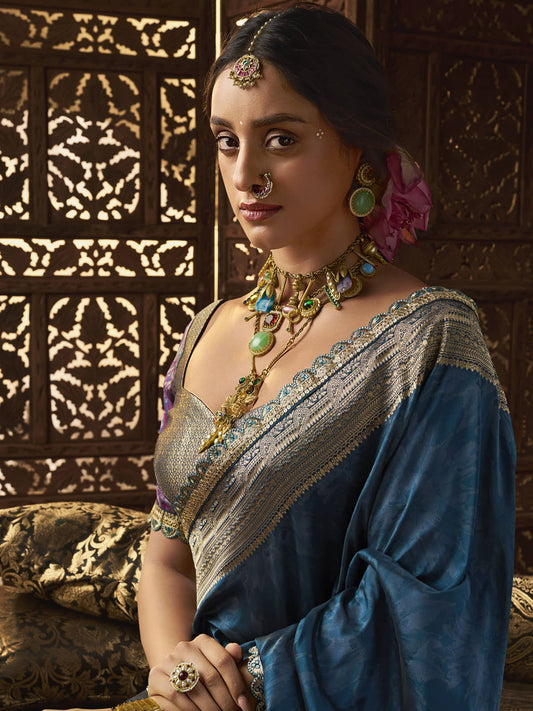 Blue Banarasi Silk Saree with Opulent Zari Detailing and Designer Blouse