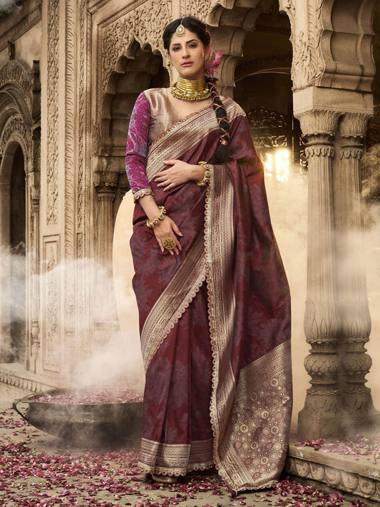 Wine Banarasi Silk Saree with Gold Zari Highlights and Designer Blouse