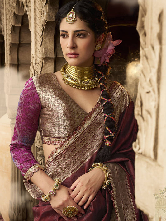 Wine Banarasi Silk Saree with Gold Zari Highlights and Designer Blouse