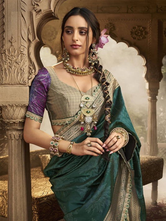 Green Banarasi Silk Saree with Antique Gold Zari Border and Contrasting Designer Blouse