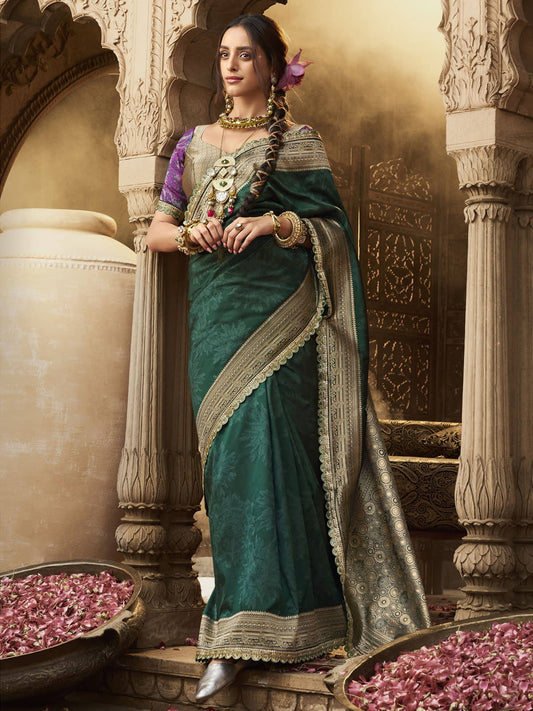 Green Banarasi Silk Saree with Antique Gold Zari Border and Contrasting Designer Blouse