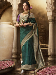 Green Banarasi Silk Saree with Antique Gold Zari Border and Contrasting Designer Blouse