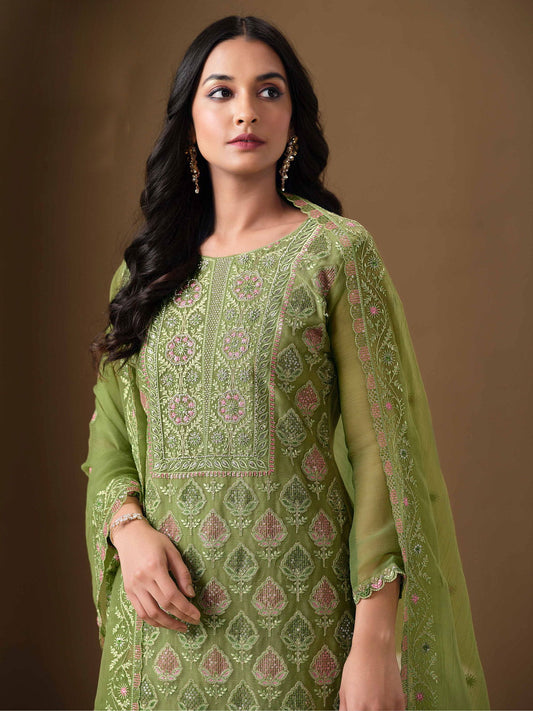 Green Embroidery Pant Style Suit