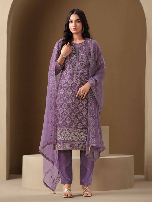 Lavender Embroidery Pant Style Suit
